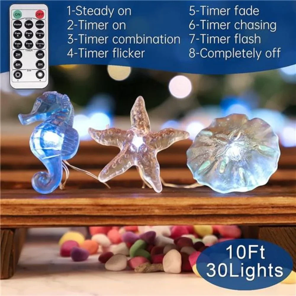Under The Sea Sand Dollars Seahorse Beach Lights Battery 10 ft 30 LEDs